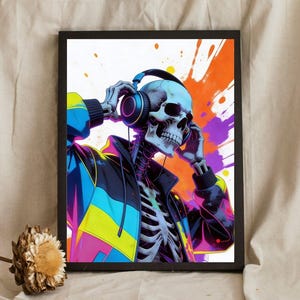 May include: A framed art print featuring a skeleton wearing headphones. The skeleton is dressed in a colorful jacket with blue, yellow, and pink accents. The background has splashes of orange and purple.