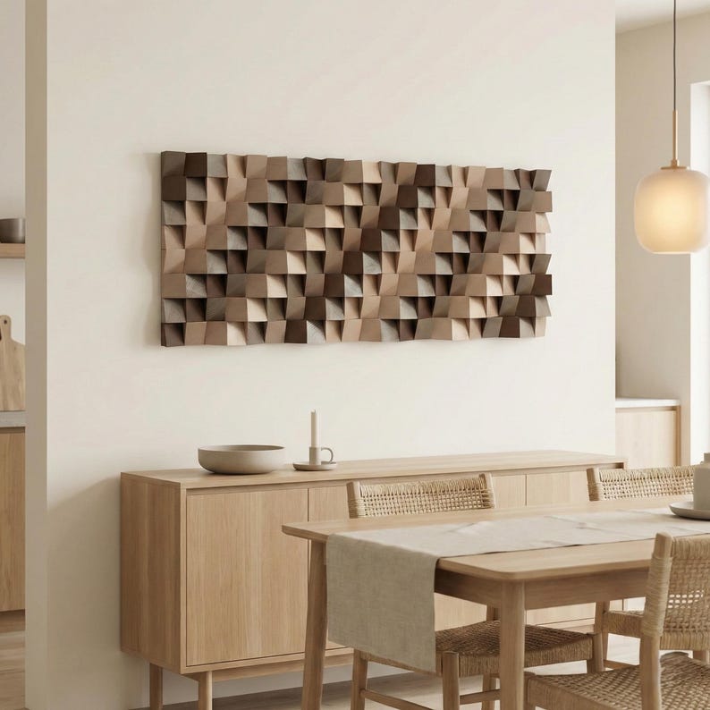 3D Geometric Wood Wall Art Panel: Sculptural Wooden Wall Decor ...