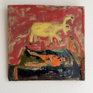 May include: A square ceramic tile featuring a hand-painted scene with a yellow four-legged animal on a textured red background above a reclining orange figure positioned on a dark blue and green surface with visible brushstrokes.