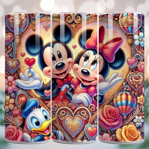 May include: A tumbler featuring Mickey and Minnie Mouse in a heart-shaped design, surrounded by flowers, hearts, and hot air balloons. Donald Duck is also featured. The design has a romantic theme with vibrant colors.
