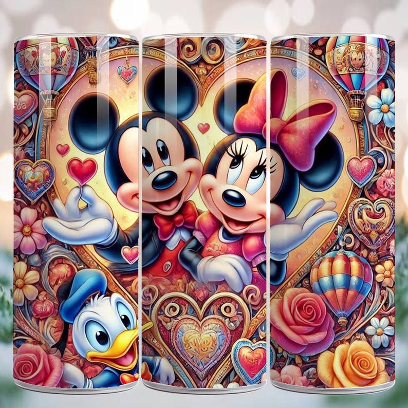 May include: A tumbler featuring Mickey and Minnie Mouse in a heart-shaped design, surrounded by flowers, hearts, and hot air balloons. Donald Duck is also featured. The design has a romantic theme with vibrant colors.