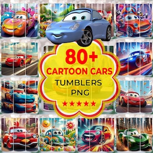 May include: A collection of cartoon car designs on tumblers. The image features various colorful car illustrations, including a light blue car and a red race car. The text "80+ CARTOON CARS TUMBLERS PNG" is displayed in a yellow and red design.