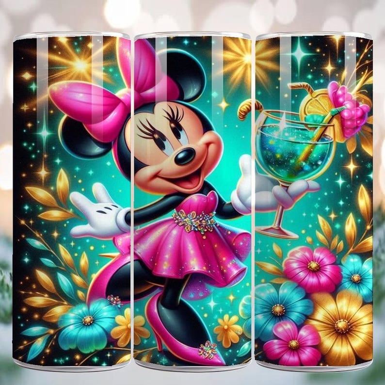 May include: A tumbler featuring a vibrant illustration of Minnie Mouse in a pink dress and bow, holding a cocktail. The design includes colorful flowers, gold accents, and a teal background with sparkling effects.