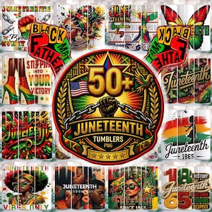 Peut inclure: Une collection de gobelets sur le thème du Juneteenth avec des motifs vibrants. Les gobelets présentent des textes tels que "Juneteenth", "Black Father" et "Freedom Day". Le motif central comprend un poing brisant des chaînes, le drapeau américain et le texte "50+ Juneteenth Tumblers PNG".