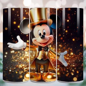 May include: A tumbler featuring a cartoon character in a gold tuxedo and top hat, with white gloves and a black bow tie. The background is a dark gradient with gold bokeh lights.