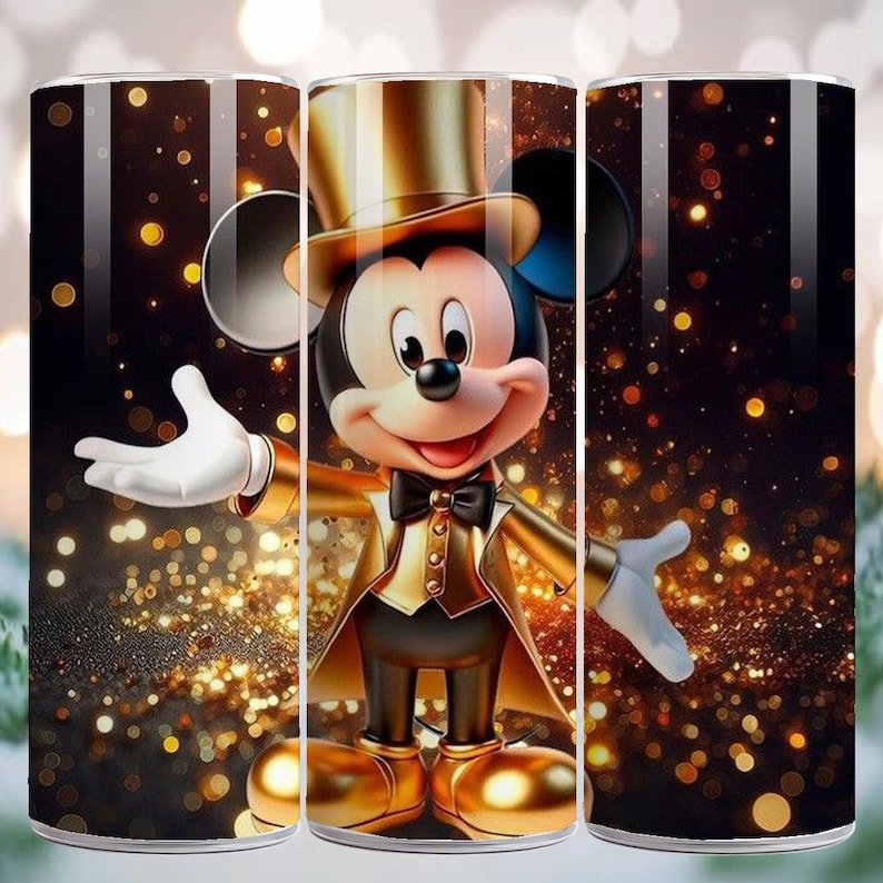 May include: A tumbler featuring a cartoon character in a gold tuxedo and top hat, with white gloves and a black bow tie. The background is a dark gradient with gold bokeh lights.