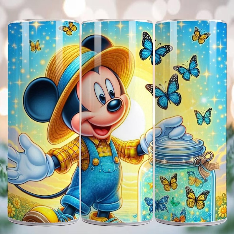 May include: A tumbler featuring Mickey Mouse in overalls and a straw hat, surrounded by butterflies. The design includes a jar filled with butterflies and a sunny, blue sky background.