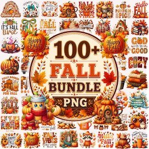 May include: A digital collection of over 100 fall-themed PNG graphics featuring pumpkins, autumn leaves, cozy beverages, woodland animals, and seasonal text like Hello Fall, Pumpkin Spice, and Happy Fall arranged in a collage format.