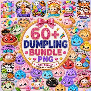 Puede incluir: Una colección digital de más de 60 ilustraciones de dumplings coloridos con diversas expresiones, colores y temas. El gráfico circular central muestra el texto 60+ DUMPLING BUNDLE PNG con un borde de purpurina rosa y un gran lazo rosa.
