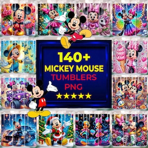 May include: A collection of tumblers featuring Mickey Mouse and Minnie Mouse in various designs. The tumblers showcase colorful illustrations of the iconic characters in different settings, with the text "140+ Mickey Mouse Tumblers PNG" in the center.