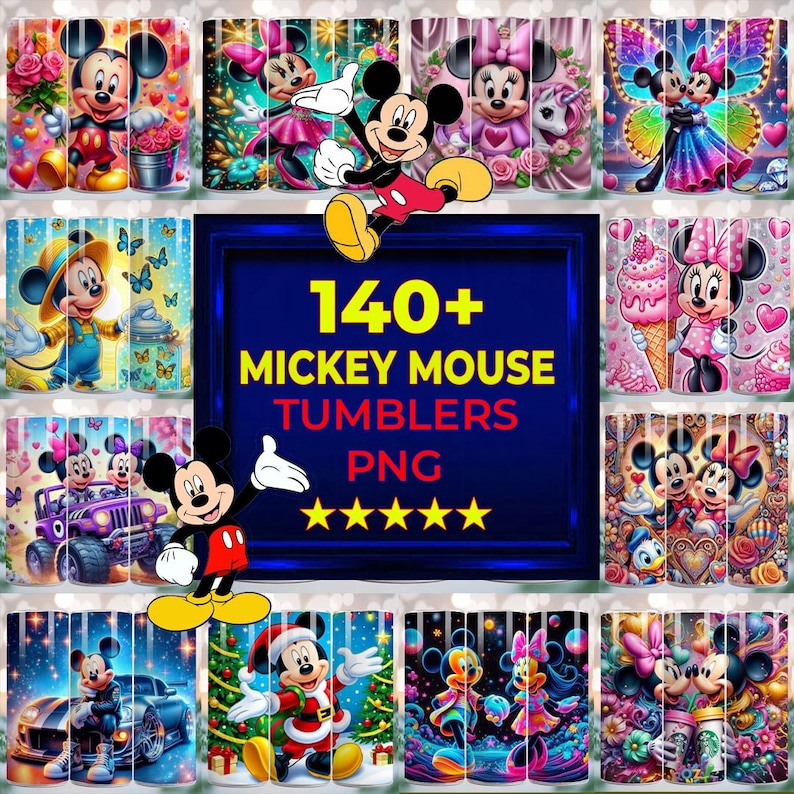 May include: A collection of tumblers featuring Mickey Mouse and Minnie Mouse in various designs. The tumblers showcase colorful illustrations of the iconic characters in different settings, with the text "140+ Mickey Mouse Tumblers PNG" in the center.