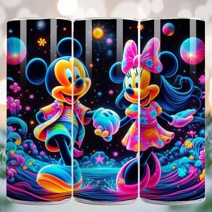 May include: Three tumblers with a vibrant, colorful design featuring Mickey and Minnie Mouse. The artwork depicts the characters against a starry night sky with swirling, neon-colored details. The tumblers are cylindrical and appear to be made of glass or a similar material.