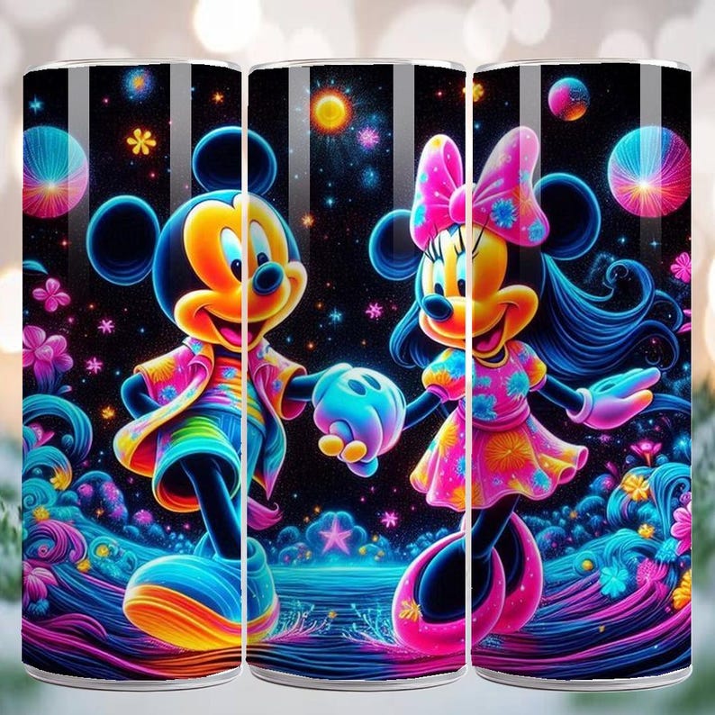 May include: Three tumblers with a vibrant, colorful design featuring Mickey and Minnie Mouse. The artwork depicts the characters against a starry night sky with swirling, neon-colored details. The tumblers are cylindrical and appear to be made of glass or a similar material.