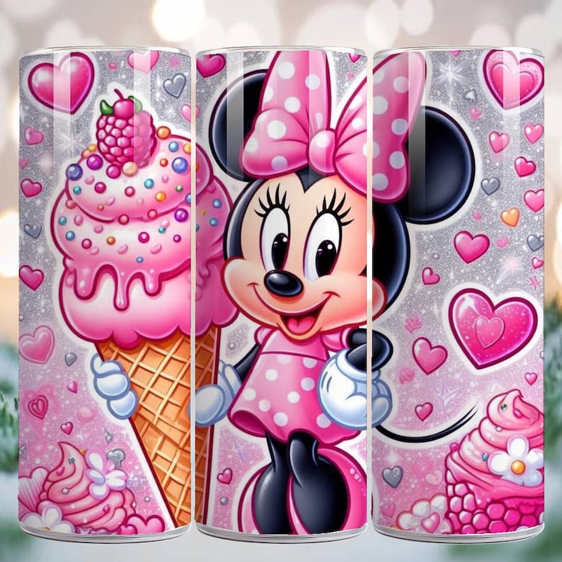 May include: A pink tumbler featuring Minnie Mouse in a polka-dot dress and bow, holding a white purse. The design includes a pink ice cream cone with a raspberry on top, hearts, and cupcakes on a glittery background.