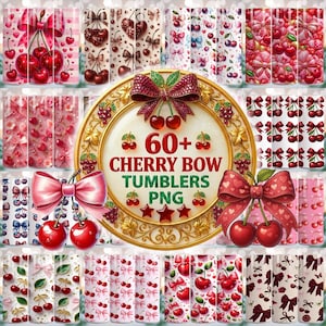 May include: A digital collection of 60+ cherry and bow themed tumbler designs featuring various patterns of red cherries, pink and red ribbons, hearts, and floral accents displayed in a circular gold frame with the text 60+ CHERRY BOW TUMBLERS PNG.