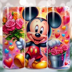 May include: A tumbler featuring Mickey Mouse holding a bouquet of pink roses and a bucket of roses. The design includes colorful hearts and a soft, gradient background. Mickey is wearing red shorts, yellow shoes, and white gloves.