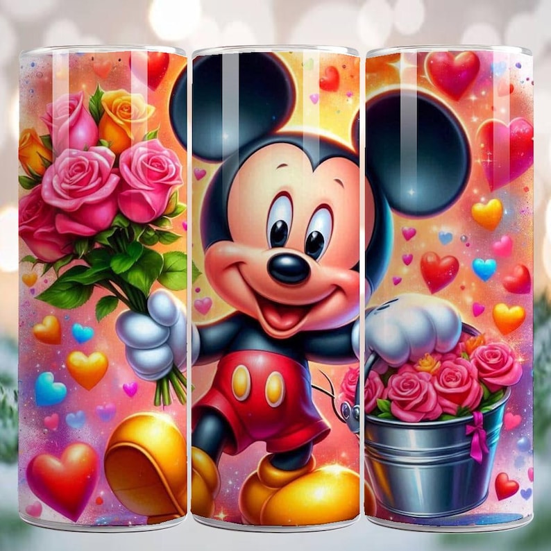May include: A tumbler featuring Mickey Mouse holding a bouquet of pink roses and a bucket of roses. The design includes colorful hearts and a soft, gradient background. Mickey is wearing red shorts, yellow shoes, and white gloves.