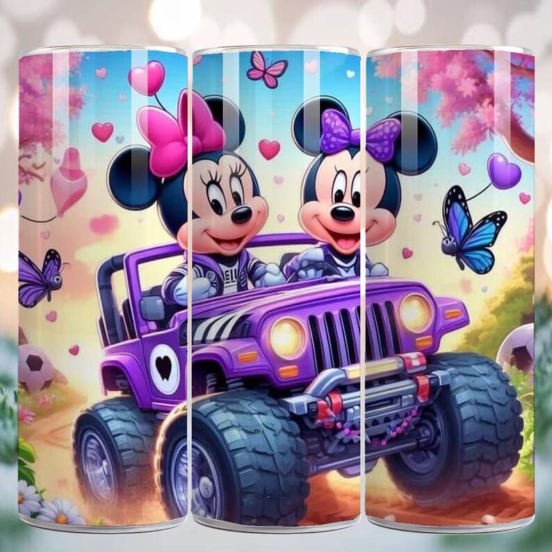 May include: A tumbler featuring Minnie Mouse and a friend in a purple jeep. The design includes hearts, butterflies, and a pink and blue background. The jeep has large tires and is driving on a dirt road. The tumbler is decorated with a cartoon theme.