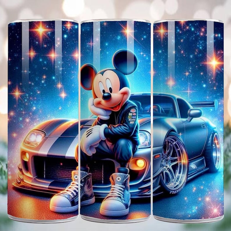 May include: A tumbler featuring Mickey Mouse in a racing jacket, sitting on a silver sports car. The background is a starry night with blue and orange hues. The design includes high-top sneakers and a racing theme.