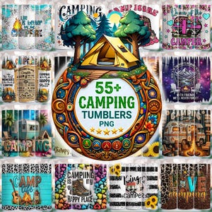 Puede incluir: Una colección digital de más de 55 diseños de vasos con temática de camping que presenta varias ilustraciones de tiendas de campaña, caravanas, fogatas, montañas y botas de senderismo, centradas en un gran emblema circular adornado con el texto 55+ CAMPING TUMBLERS PNG.