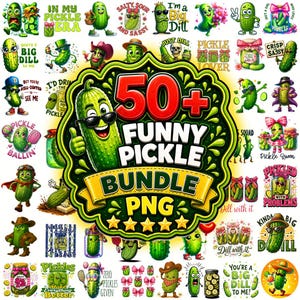 Puede incluir: Una colección digital de más de 50 ilustraciones coloridas de pepinillos con varios personajes, incluyendo pepinillos con gafas de sol, sombreros y disfraces, junto con frases de texto como In My Pickle Era, Big Dill y Pickle Queen.