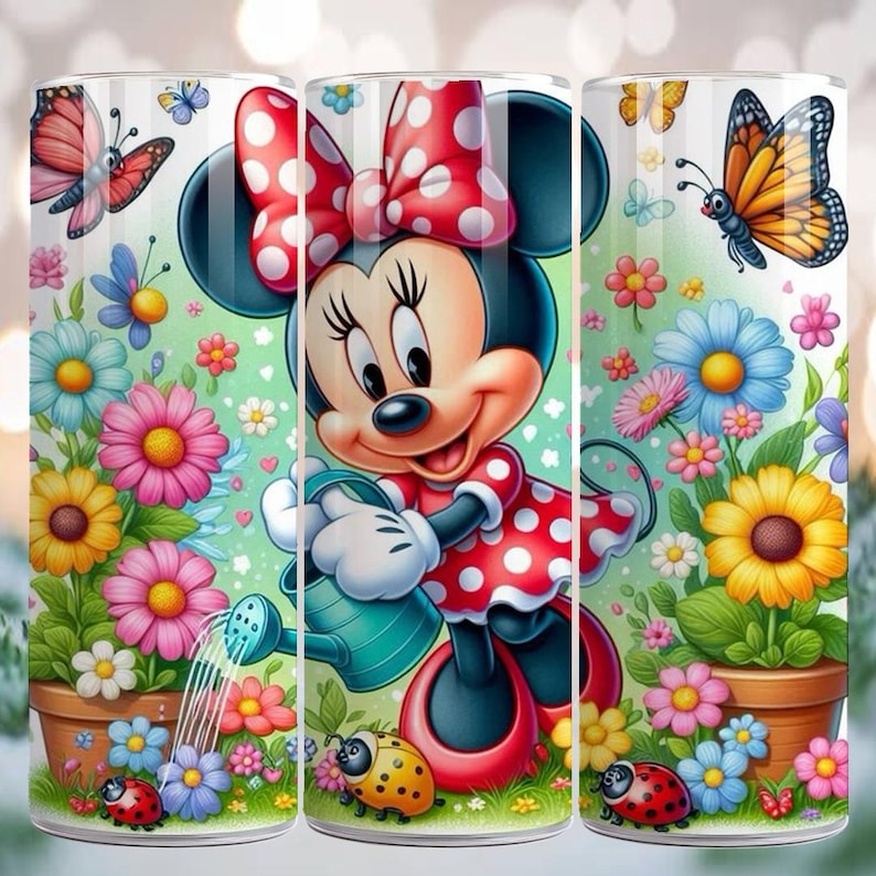 May include: A tumbler featuring Minnie Mouse in a red polka-dot dress, watering flowers in a garden scene. The design includes colorful flowers, butterflies, and ladybugs. The tumbler is cylindrical and has a glossy finish.