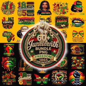 Op de afbeelding: Een digitale collectie van Juneteenth-thema grafische ontwerpen met symbolen zoals opgeheven vuisten, kettingen, vlinders, lippen en tekst waaronder 1865, Freedom en Black History. Het centrale embleem toont een vuist met juwelen en kettingen.