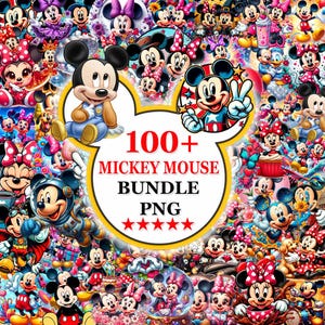 May include: A digital collage featuring numerous illustrations of Mickey Mouse and Minnie Mouse in various outfits and poses, centered around a white Mickey-shaped emblem with the text 100+ MICKEY MOUSE BUNDLE PNG and five red stars.