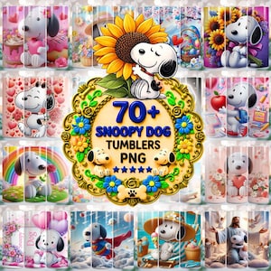 May include: A selection of Snoopy Dog tumblers featuring different designs, such as Snoopy with a sunflower, hearts, and other graphics. The image includes the text "70+ Snoopy Dog Tumblers PNG."