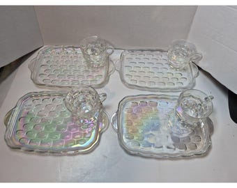 Vintage Federal Glass Iridescent Snack Set Service for 4 - 8 Piece Set MCM
