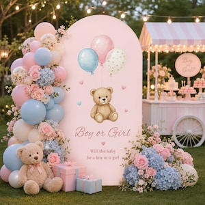 May include: A pink arched backdrop for a gender reveal party featuring a teddy bear illustration, balloons, and the text 'Boy or Girl' and 'Will the baby be a boy or a girl'. The display is decorated with pink and blue balloons and flowers.