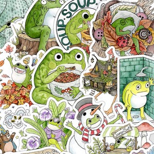 Puede incluir: Una colección de pegatinas caprichosas con temática de ranas. Las pegatinas presentan varias ranas verdes en diferentes escenarios, incluyendo comer, relajarse y usar sombreros. Otras pegatinas incluyen un muñeco de nieve rana, una rana en una ducha y una rana en una tienda.