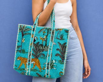 Bolso tote acolchado de terciopelo de algodón / Bolso de hombro con estampado de tigre de la selva