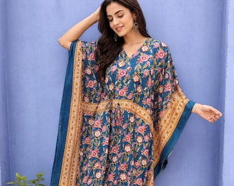 Vestido caftán de algodón con estampado floral azul, bata kimono hecha a mano con estampado de bloques, pareo de playa estilo bohemio.