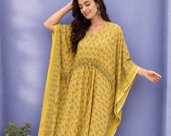 Vestido caftán de algodón con estampado de bloques amarillo, pareo de playa bohemio hecho a mano, ropa de resort.