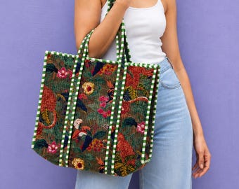 Bolso tote acolchado de terciopelo de algodón / Bolso de hombro con estampado de tigre de la selva
