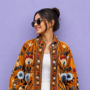 Mustard Velvet Embroidered Jacket, Kashmiri Floral Boho Artisan Coat