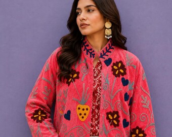 Chaqueta Suzani de terciopelo bordada a mano, abrigo bohemio azul con estampado floral.