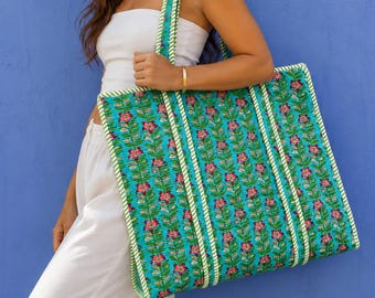 Gesteppte Baumwollsamt Handtasche, Tiger Print Einkaufstasche, Boho Strand Reisetasche