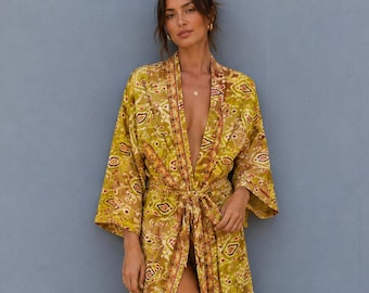 Bata kimono de cachemir hecha a mano, bata ligera estilo boho, ideal para estar en casa, vacaciones o como bata de novia.