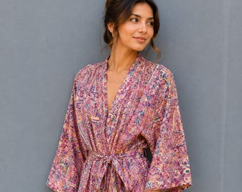 Bata kimono bohemia con estampado paisley hecha a mano, pareo ligero de algodón para la playa, ropa de estar por casa para damas de honor