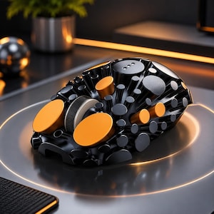 May include: A computer mouse featuring a black base with a complex, textured surface composed of numerous cylindrical protrusions. The device includes two prominent orange circular buttons, a central scroll wheel, and additional orange accents.