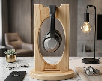 Solid Golden Teak Wood Headphone Stand, Geometric Oval Holder, Minimalist Desk Organizer