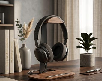 Black Walnut Headphone Stand, Elegant Desk Organizer, Gaming Office Accessory