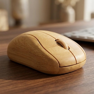 May include: A computer mouse with a light brown wooden exterior featuring a visible natural grain pattern. The device includes two primary click buttons and a central scroll wheel, all crafted from the same light-toned wood material.