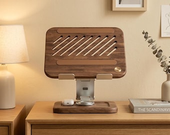 Solid Black Walnut Rotating Laptop Stand - 360 Grade, Ergonomic Adjustable Desk Holder