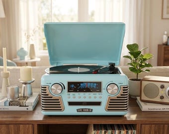 Retro Teal 3-Speed Turntable with Bluetooth, CD Player, AM/FM Radio