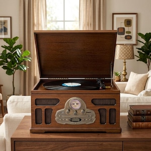 May include: A dark wood record player with an open lid, featuring a black vinyl record on the turntable, a central analogue radio dial, a digital display, a CD slot, and integrated speakers with a dark mesh grille on the front panel.