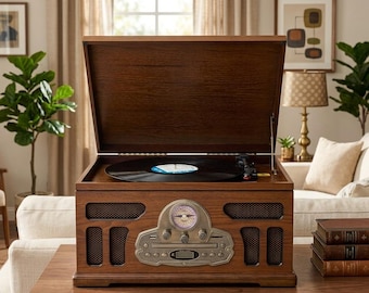 Vintage Wooden Record Player, 6-in-1 Turntable, Bluetooth, CD, Cassette, Radio, USB