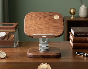 Walnut Wooden Phone Stand, Foldable Adjustable Tablet Holder